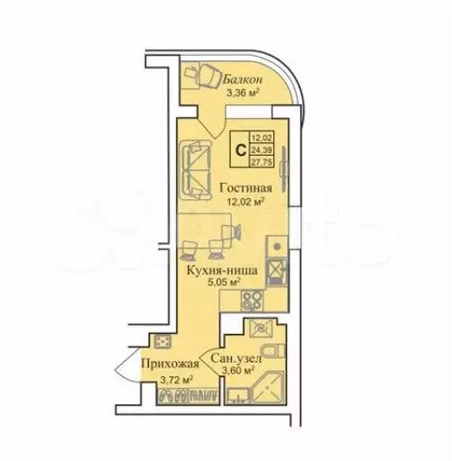 Апартаменты-студия, 27,8 м, 2/12 эт. - Фото 0