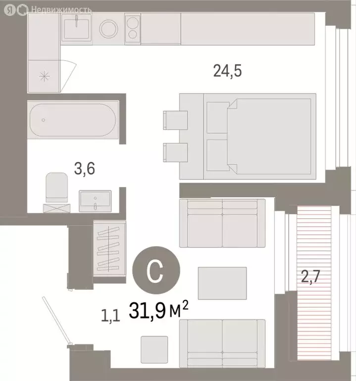 Квартира-студия: Тюмень, жилой комплекс Зарека (31.49 м) - Фото 1