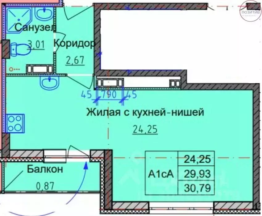 Студия Ярославская область, Ярославль ул. Брагинская, 18к4 (31.0 м) - Фото 2