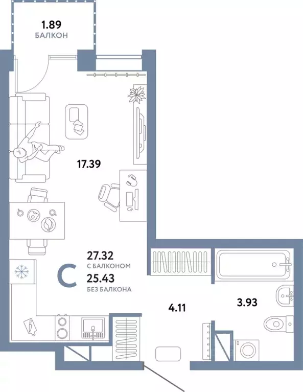 Студия Тюменская область, Тюмень Интернациональная ул., 199к10 (27.39 ... - Фото 1
