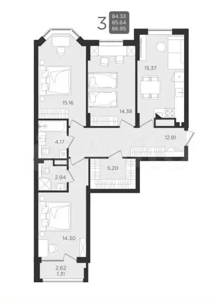 3-к. квартира, 87 м, 5/9 эт. - Фото 1