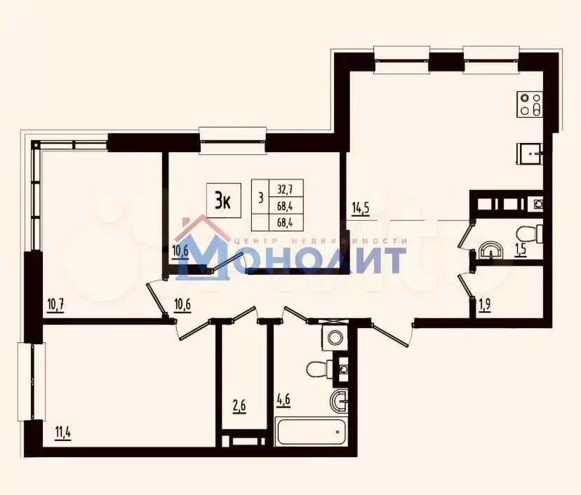 3-к. квартира, 68,4 м, 9/9 эт. - Фото 0