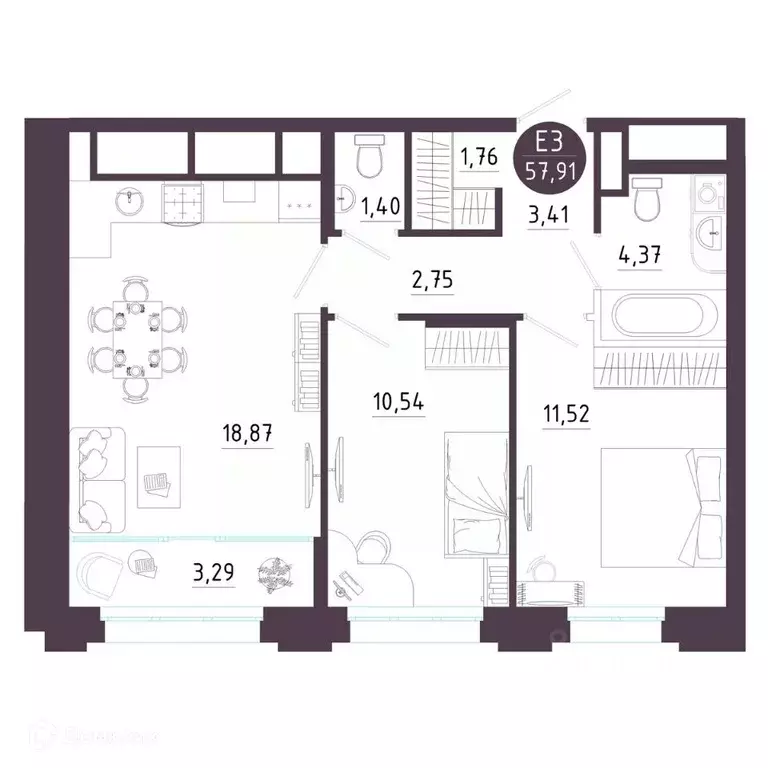 2-к кв. Рязанская область, Рязань Московское ш. (57.91 м) - Фото 1