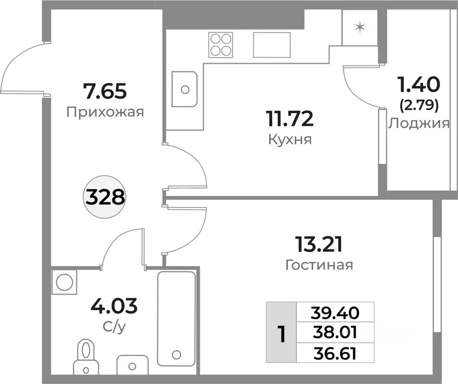 1-к кв. Калининградская область, Калининград Пригородная ул. (38.01 м) - Фото 0