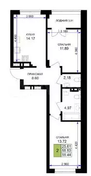 2-к. квартира, 59,4 м, 3/7 эт. - Фото 1