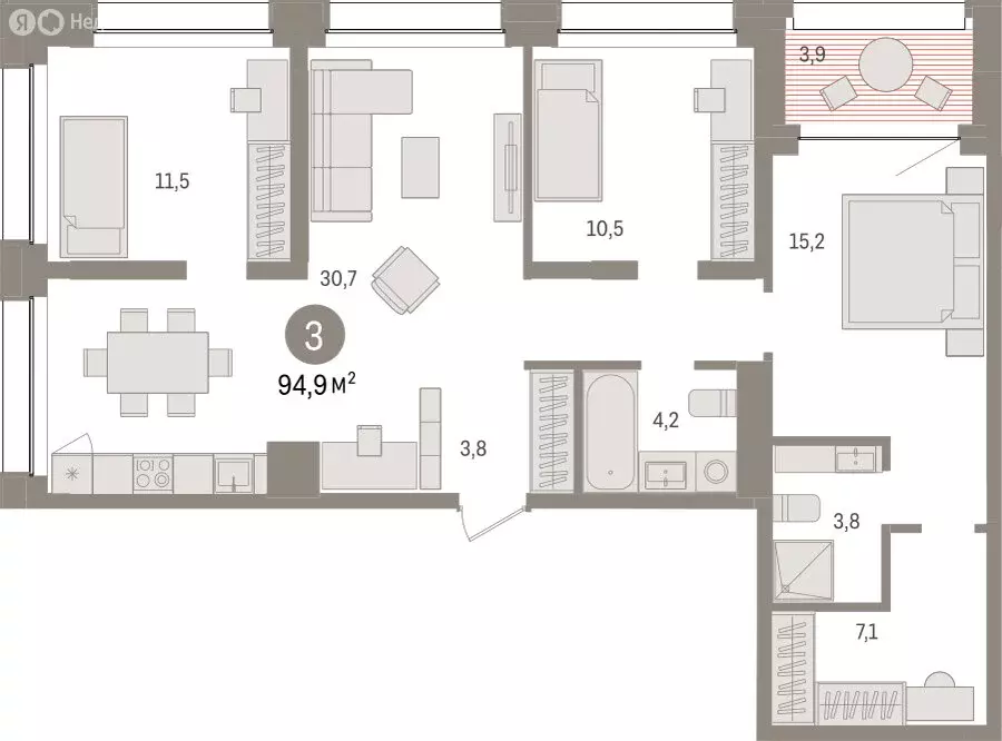 3-комнатная квартира: Тюмень, улица Муравленко, 9/2 (94.89 м) - Фото 1