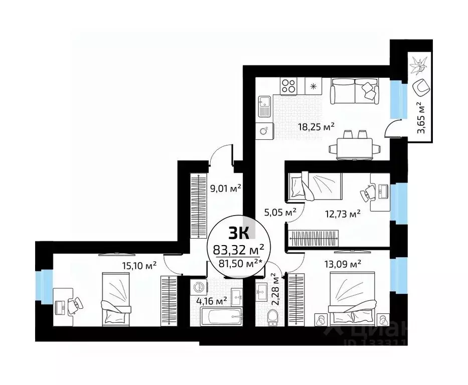 3-к кв. Самарская область, Самара пос. Мехзавод, 1-й кв-л, 50 (83.32 ... - Фото 1