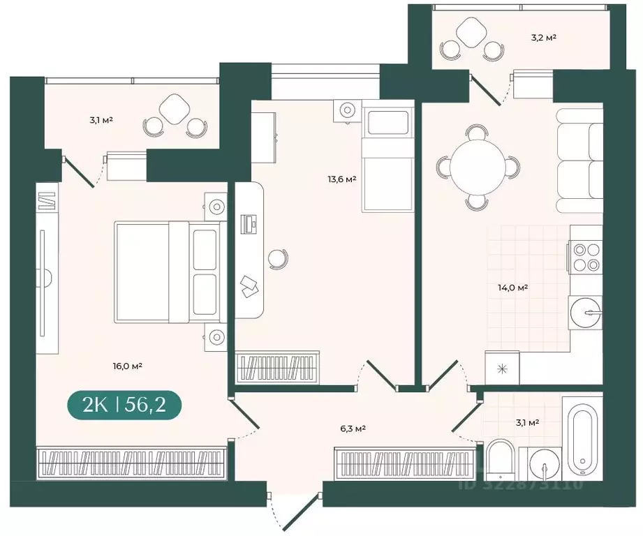 2-к кв. Новосибирская область, Новосибирск  (56.15 м) - Фото 2