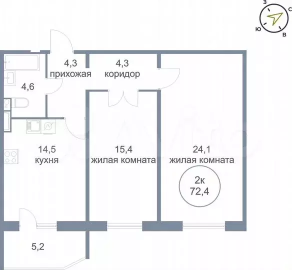 2-к. квартира, 72,4 м, 4/21 эт. - Фото 0