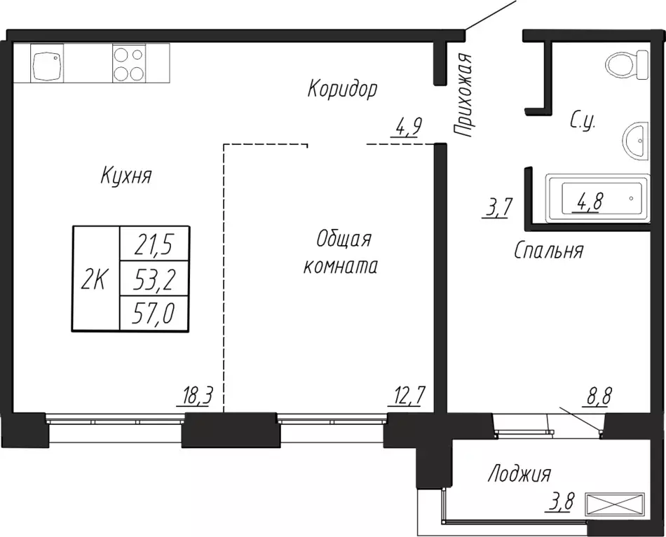 2-к квартира, 57 м - Фото 0