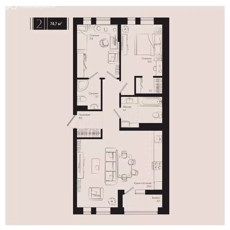 2-комнатная квартира: Краснодар, улица им. Мурата Ахеджака, 20 (74.7 ... - Фото 0