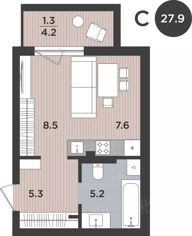 Студия Калининградская область, Калининград Тихорецкая ул. (27.9 м) - Фото 1