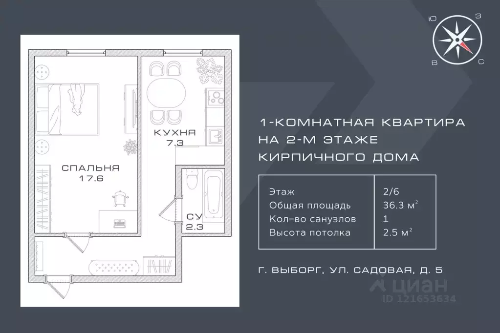 1-к кв. Ленинградская область, Выборг Садовая ул., 5 (36.3 м) - Фото 1