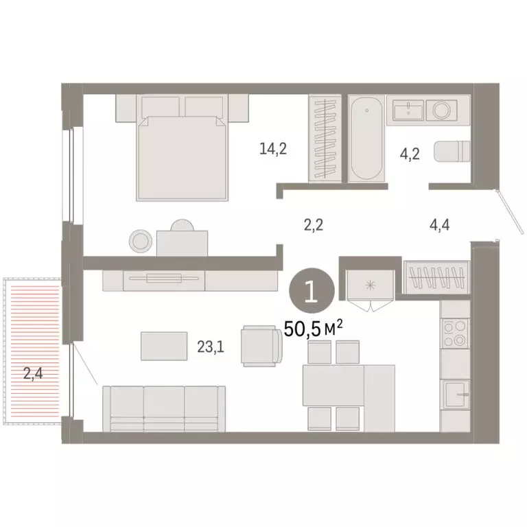 1-комнатная квартира: Тюмень, Мысовская улица, 26к2 (50.47 м) - Фото 1