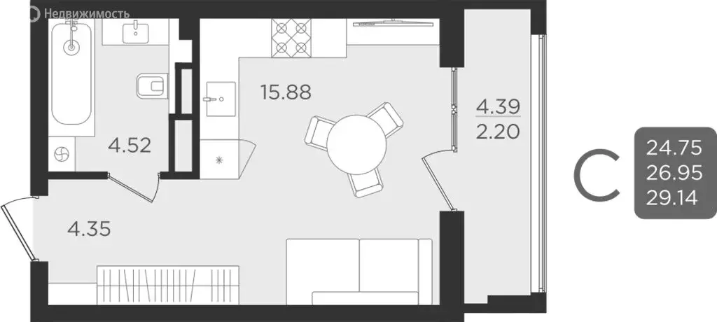 1-комнатная квартира: Калининград, улица Старшины Дадаева, 55к2 (26.95 ... - Фото 1