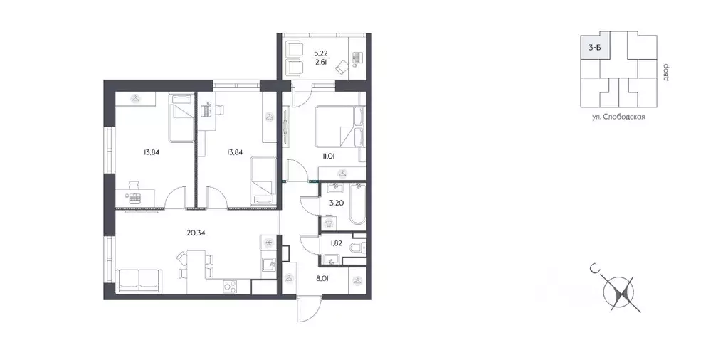 3-к кв. Хабаровский край, Хабаровск Слободская ул. (74.69 м) - Фото 2