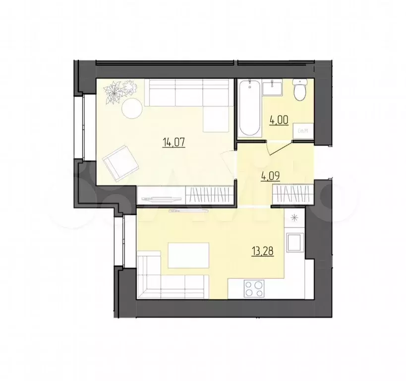 1-к. квартира, 40 м, 3/9 эт. - Фото 1