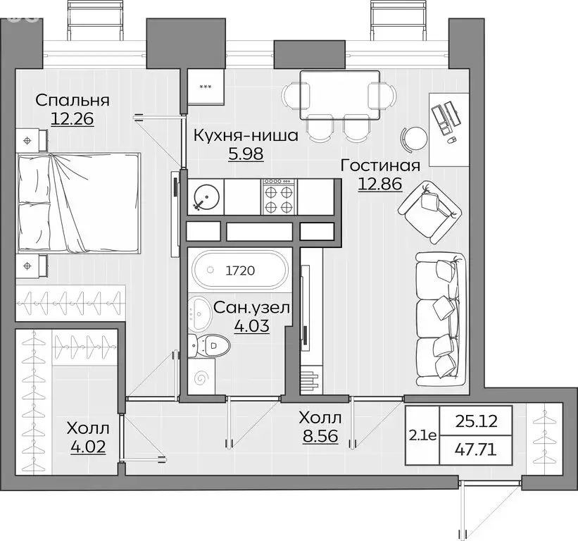2-комнатная квартира: Казань, ЖК Батталовский (47.71 м) - Фото 0