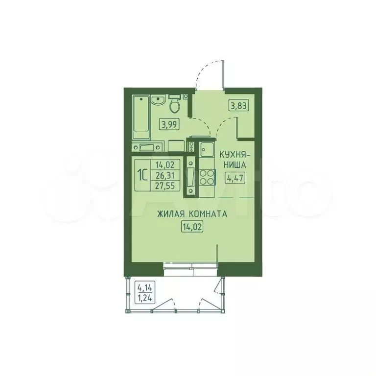 Квартира-студия, 27,6 м, 7/15 эт. - Фото 0