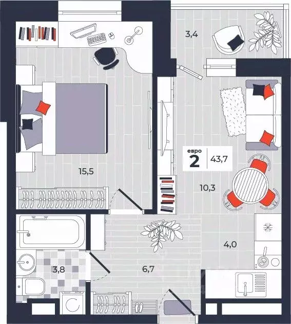 2-к кв. Тульская область, Тула ул. Академика Насоновой, 1А (43.7 м) - Фото 1