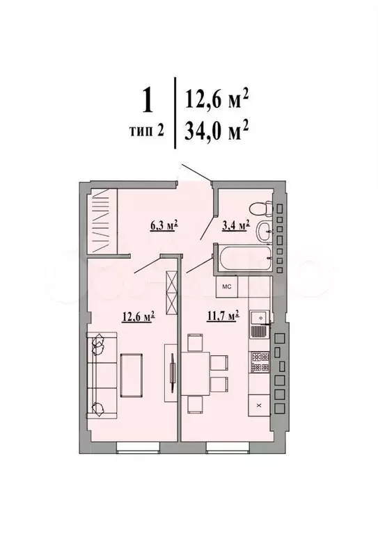 1-к. квартира, 34м, 4/6эт. - Фото 0