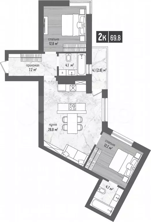 2-к. квартира, 69,8 м, 3/5 эт. - Фото 1