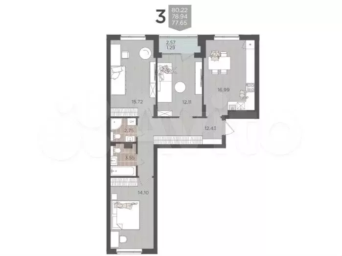 3-к. квартира, 79 м, 1/9 эт. - Фото 1