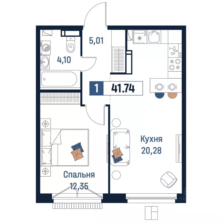 1-к кв. Ленинградская область, Мурино Всеволожский район,  (41.74 м) - Фото 0