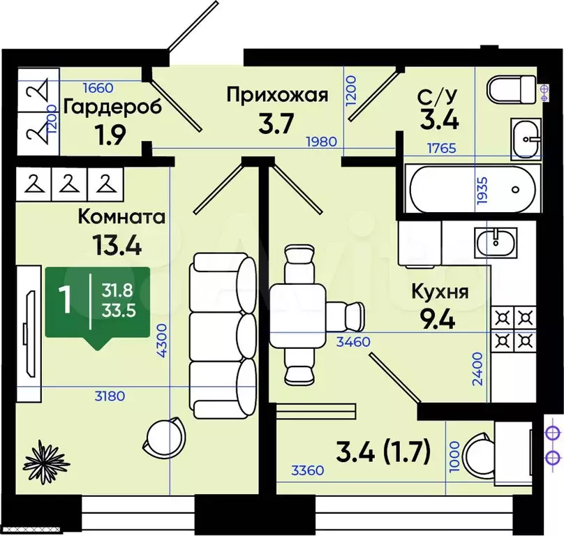 1-к. квартира, 34,2 м, 3/3 эт. - Фото 0