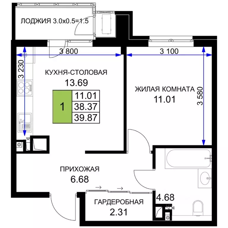 1-к кв. Краснодарский край, Краснодар  (39.87 м) - Фото 0