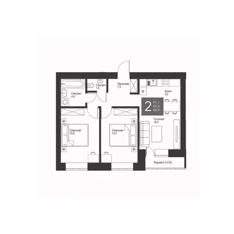2-к кв. Татарстан, Альметьевск ул. Гафиатуллина, 60 (60.9 м) - Фото 0
