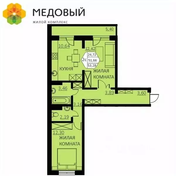 2-к кв. Пермский край, д. Кондратово ул. Г.Н. Нифантова, 4А (53.28 м) - Фото 0