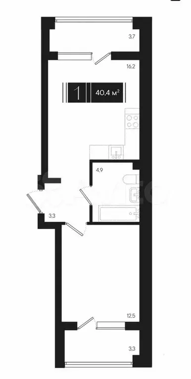 1-к. квартира, 40,4 м, 2/9 эт. - Фото 1