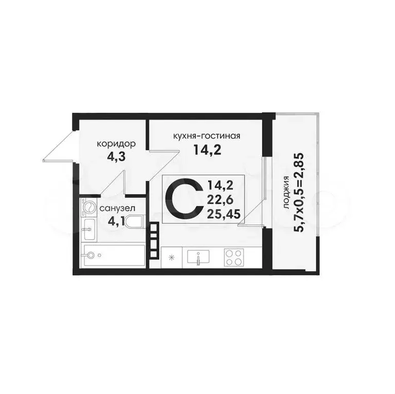 Квартира-студия, 25,5 м, 3/4 эт. - Фото 1