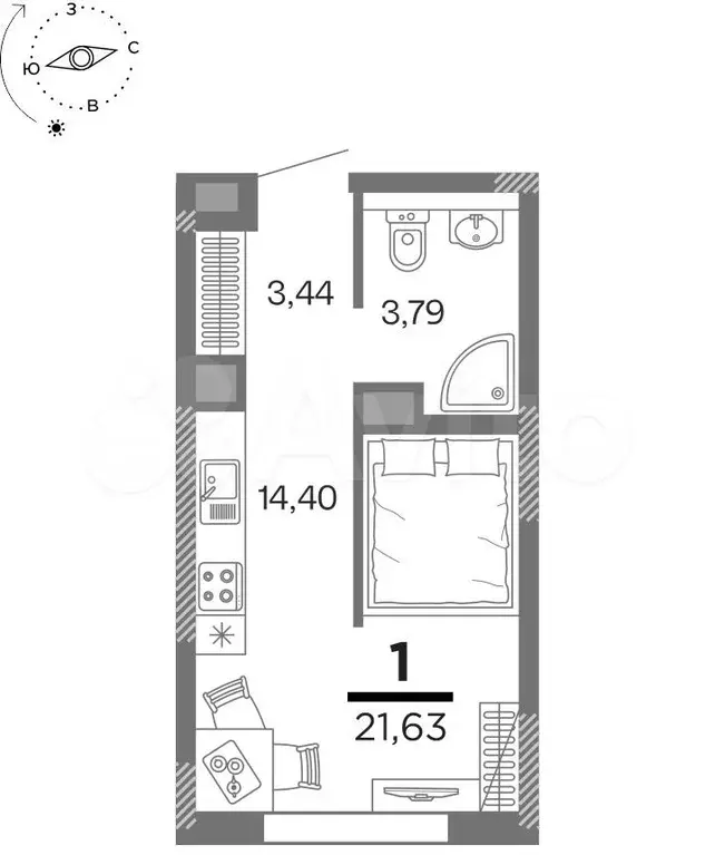 1-к. квартира, 21,6 м, 16/16 эт. - Фото 1