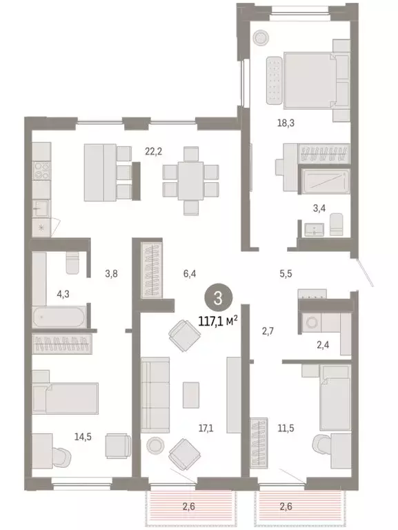 3-комнатная квартира: Тюмень, Мысовская улица, 26к2 (117.05 м) - Фото 1