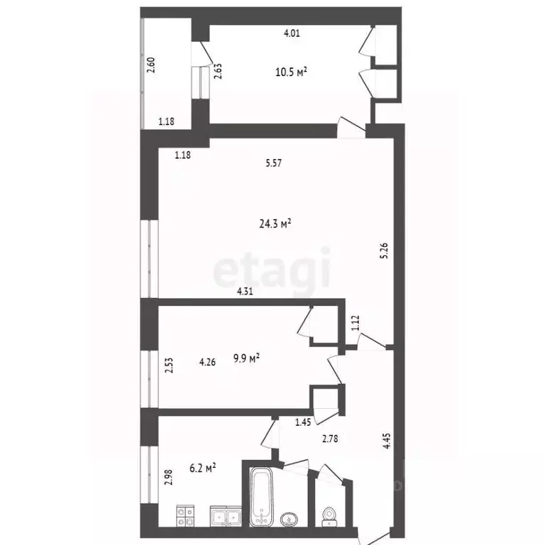 3-к кв. Кемеровская область, Новокузнецк ул. 13-й Микрорайон, 12 (66.1 ... - Фото 2