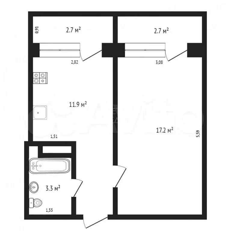 1-к. квартира, 32,5 м, 9/10 эт. - Фото 0