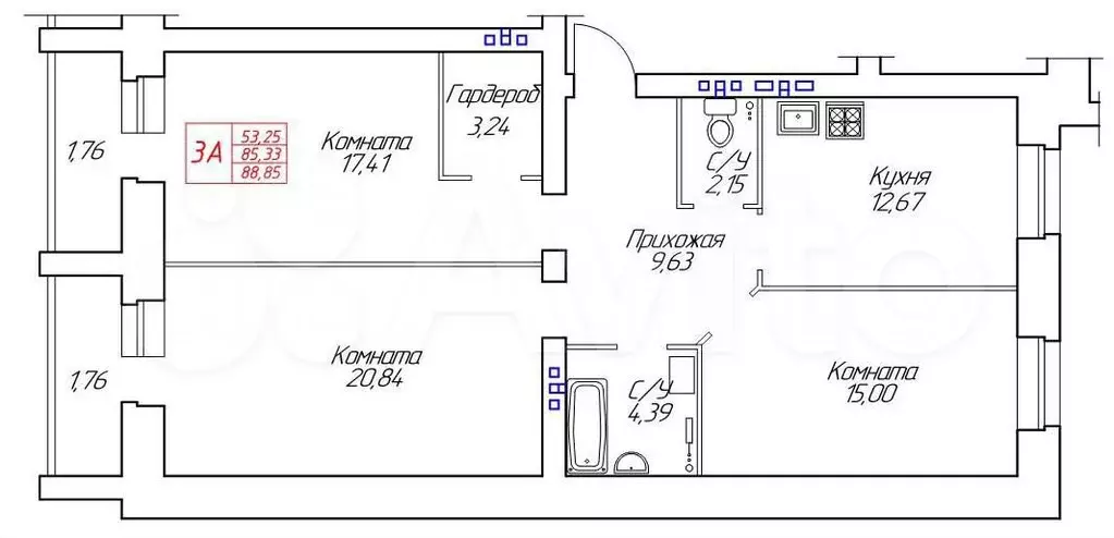 3-к. квартира, 88,9 м, 7/8 эт. - Фото 0