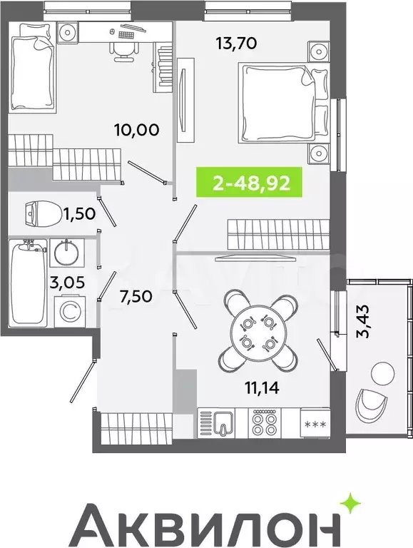 2-к. квартира, 48,9 м, 11/12 эт. - Фото 1