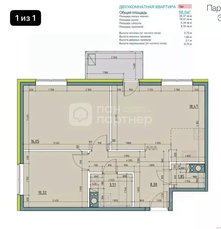 2-к кв. Санкт-Петербург наб. Реки Каменки, 7к3 (58.5 м) - Фото 2