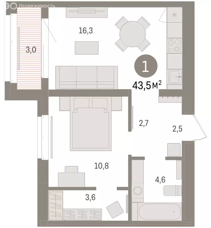 1-комнатная квартира: Тюмень, жилой комплекс На Минской (43.49 м) - Фото 1