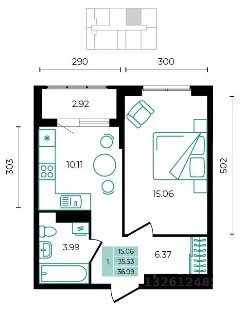 1-к кв. Адыгея, Майкопский район, пос. Тульский ул. Заречная (36.99 м) - Фото 0