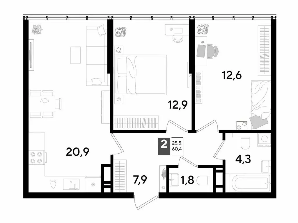 2-комнатная квартира: Краснодар, микрорайон Догма Парк (60.4 м) - Фото 1