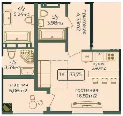 1-к кв. Дагестан, Каспийск просп. Акулиничева (33.75 м) - Фото 0