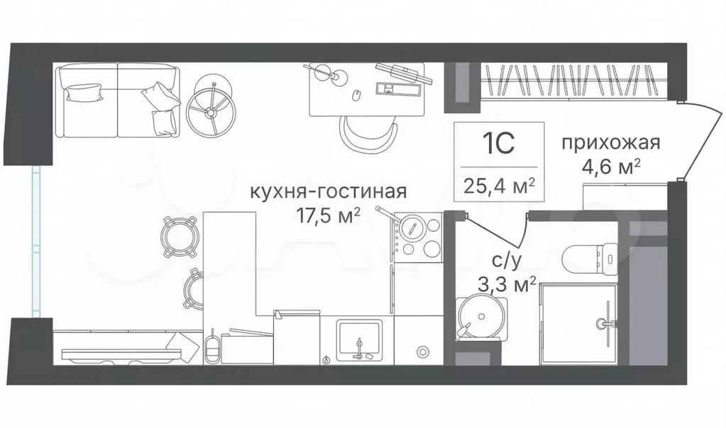 Квартира-студия, 25,4 м, 5/25 эт. - Фото 0