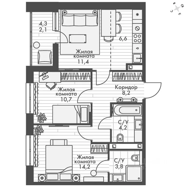3-к кв. Татарстан, Зеленодольский район, Октябрьское с/пос, пос. ... - Фото 2