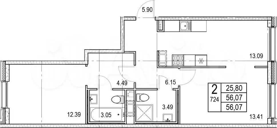2-к. квартира, 56 м, 5/6 эт. - Фото 0