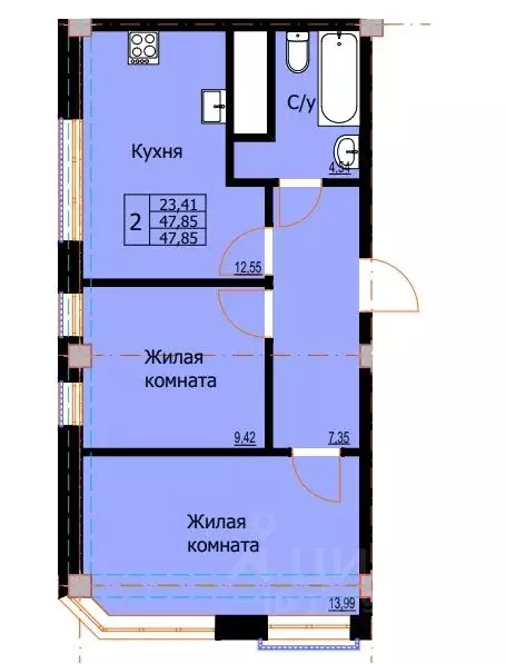 2-к кв. Ставропольский край, Ессентуки  (47.85 м) - Фото 0