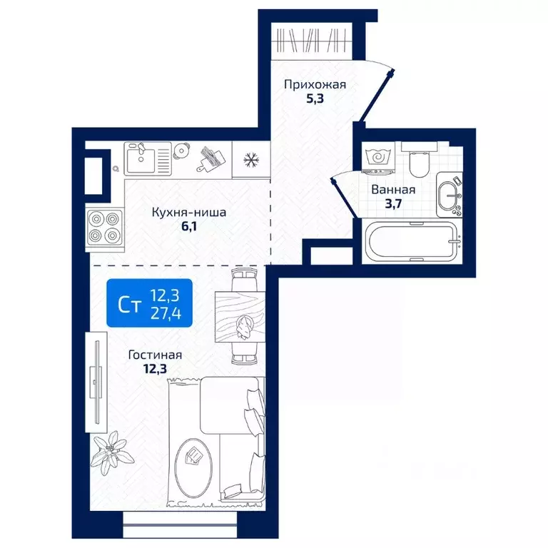 Студия Самарская область, Самара ул. 8-я Радиальная, 31 (27.4 м) - Фото 1